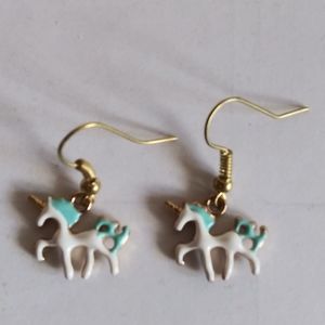 White Unicorn with Blue Hair Earrings